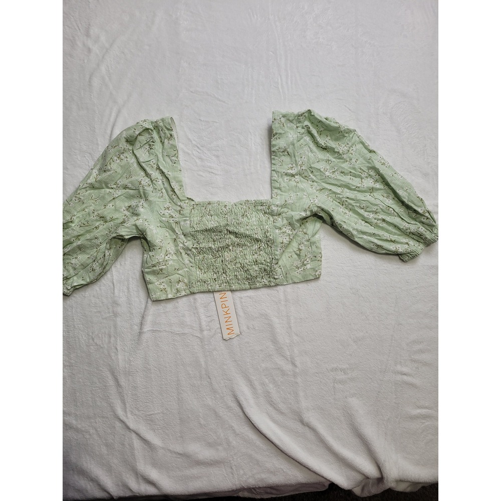 NWT Minkpink Crop Top Women Medium Green Johanna Puff Sleeve Smocked Cottagecore